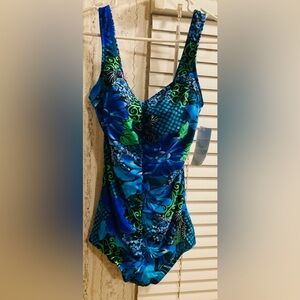 NWT Maxine of Hollywood 12 shirred middle one piece swimsuit girl leg blue green